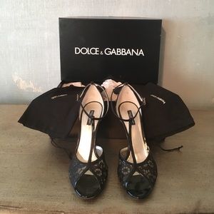 Black open toe patent leather and lace stilettos